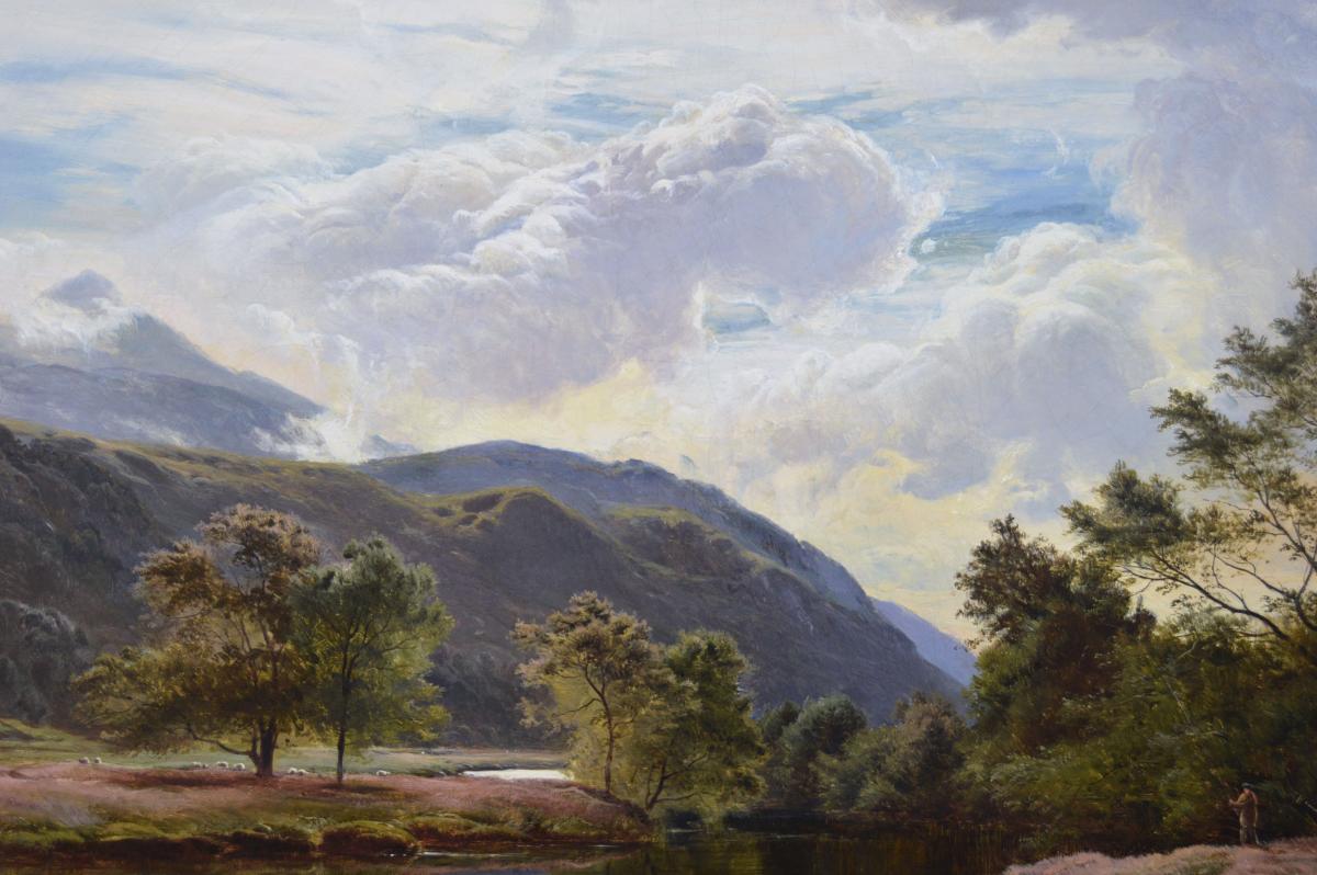 Mountainous Scottish river landscape oil painting by Sidney Richard Percy