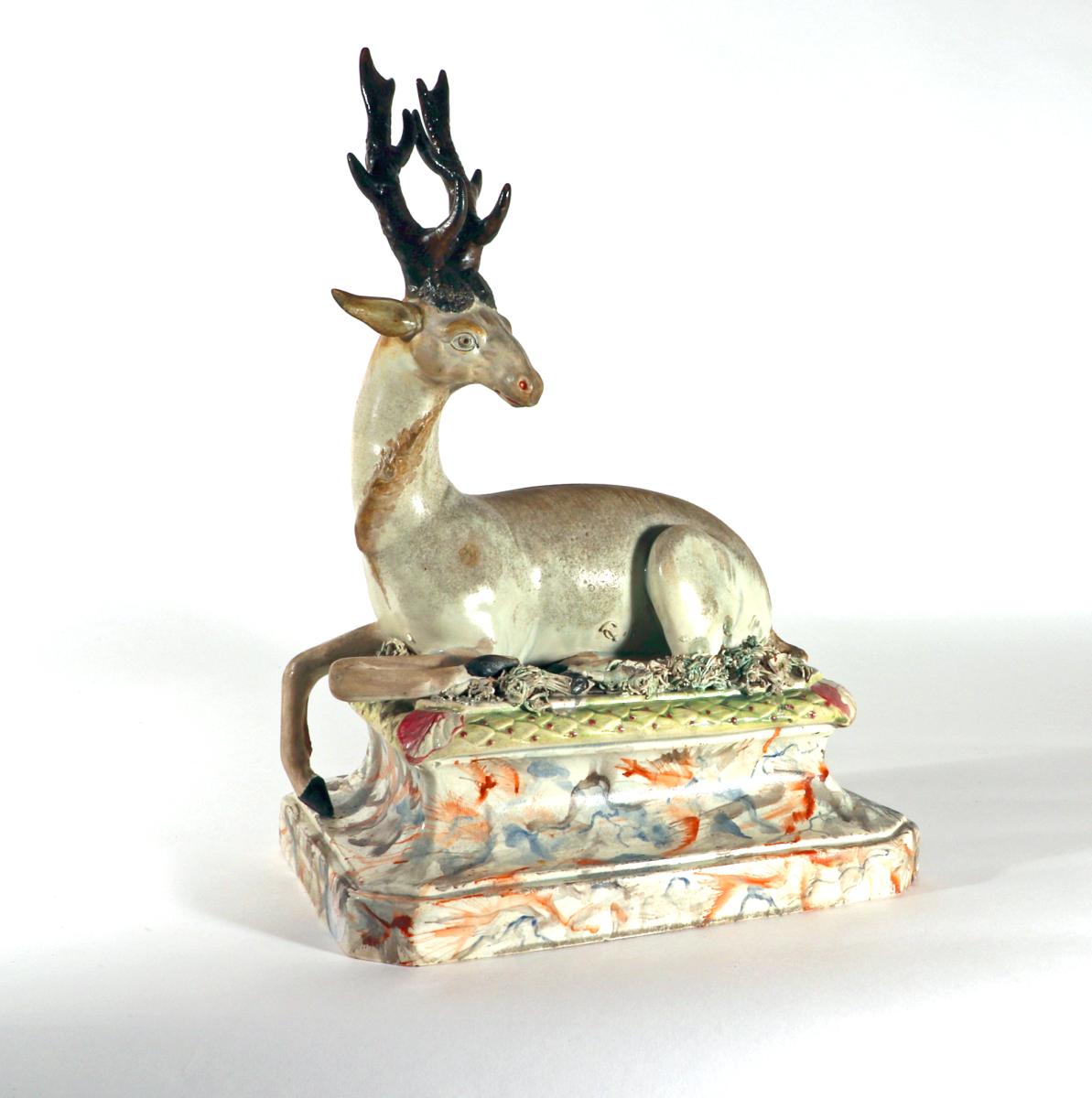 18th-century Large Staffordshire Pottery Figure of A Recumbent Stag
