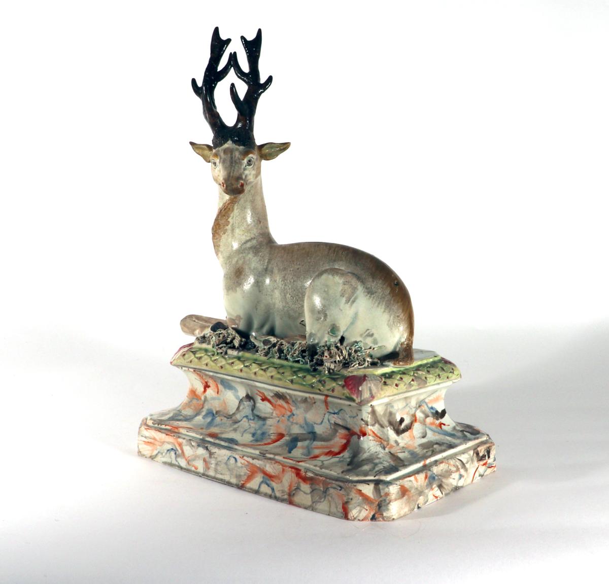 18th-century Large Staffordshire Pottery Figure of A Recumbent Stag