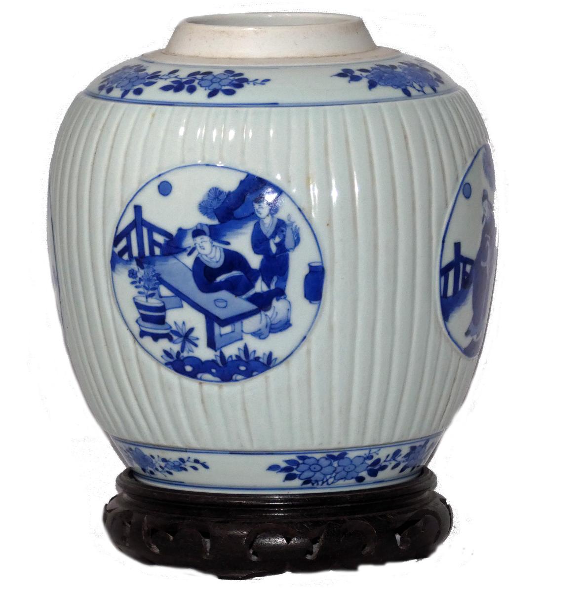 Chinese Kangxi Blue and White Ribbed Jar