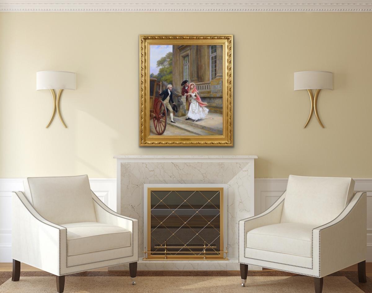 Historical genre oil painting of a couple eloping by Jules Girardet