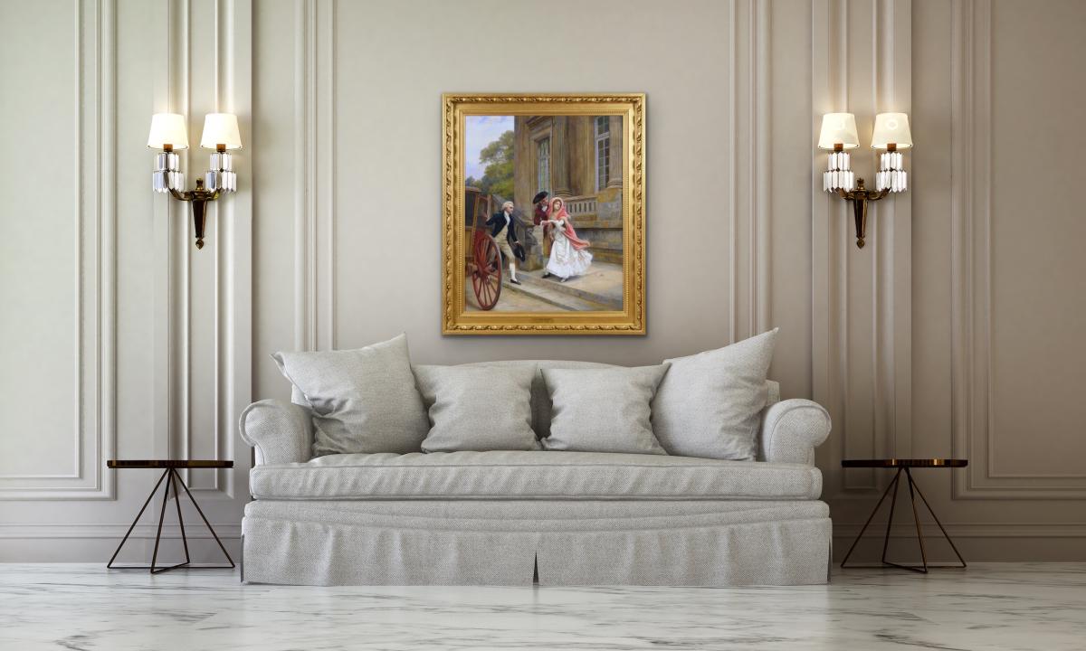 Historical genre oil painting of a couple eloping by Jules Girardet