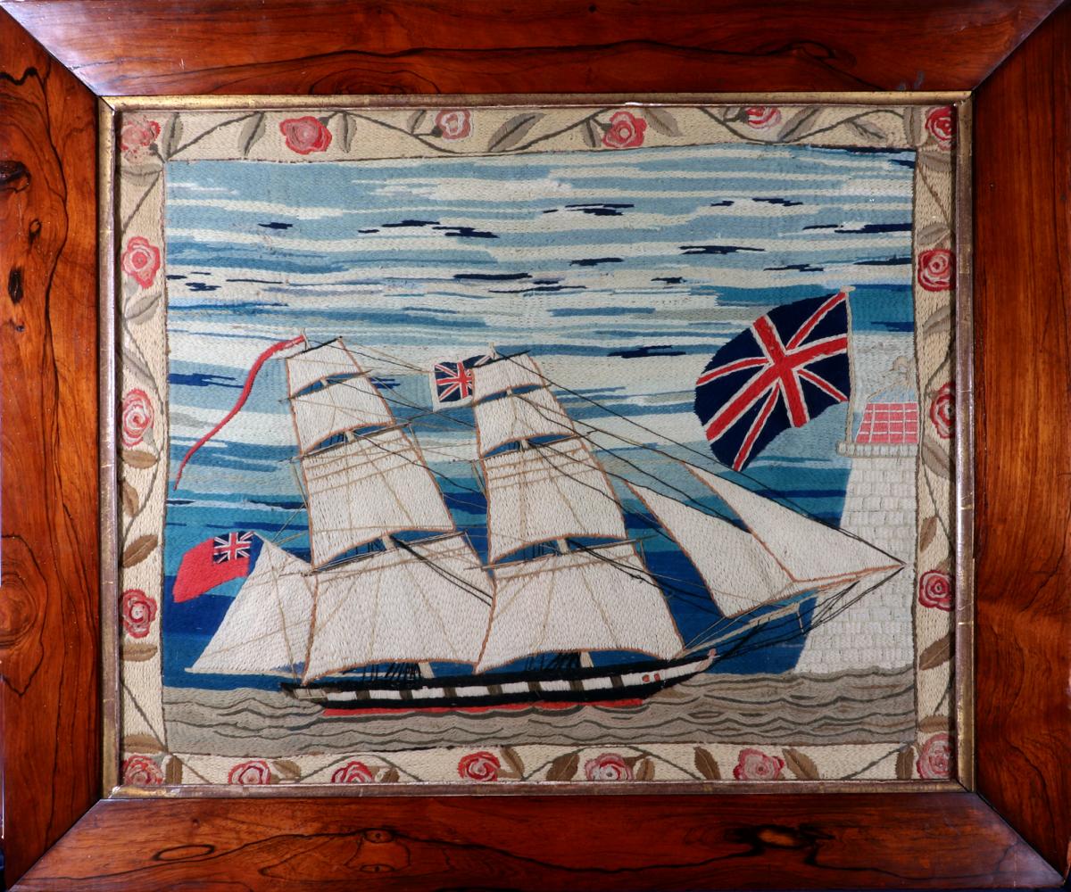 British Sailor's Woolwork with Unusual Border, Chain Stitch, Circa 1875