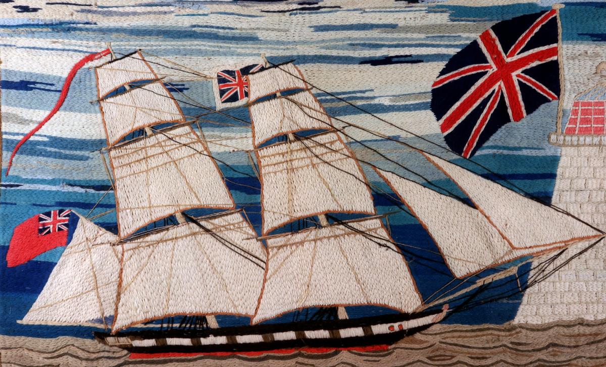 British Sailor's Woolwork with Unusual Border, Chain Stitch, Circa 1875