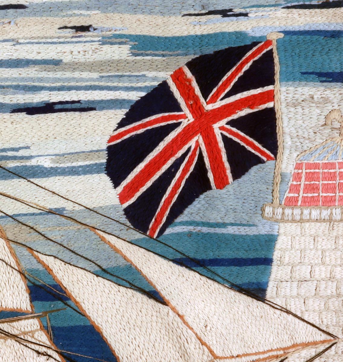 British Sailor's Woolwork with Unusual Border, Chain Stitch, Circa 1875