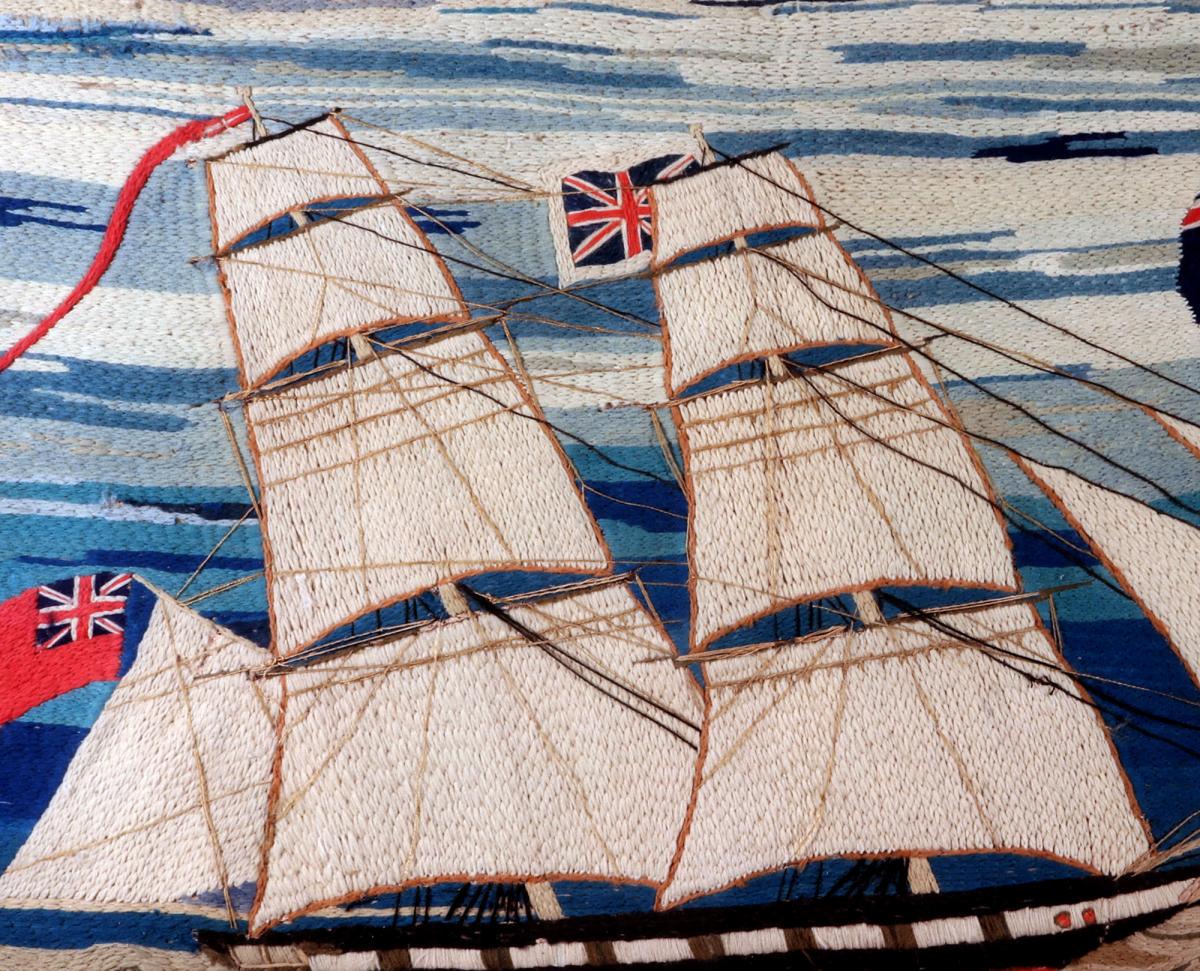 British Sailor's Woolwork with Unusual Border, Chain Stitch, Circa 1875