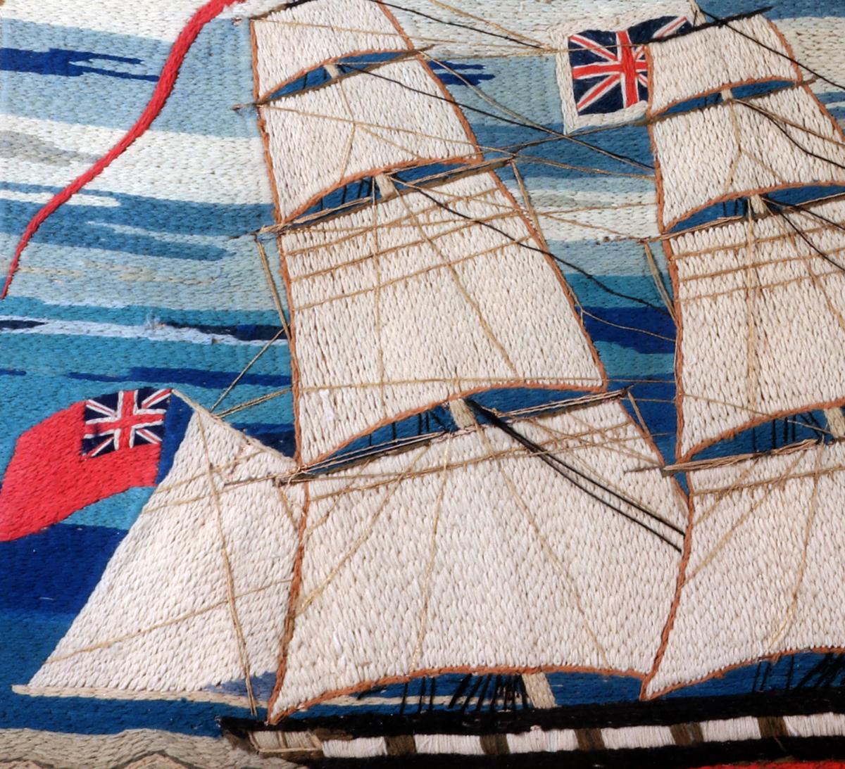 British Sailor's Woolwork with Unusual Border, Chain Stitch, Circa 1875