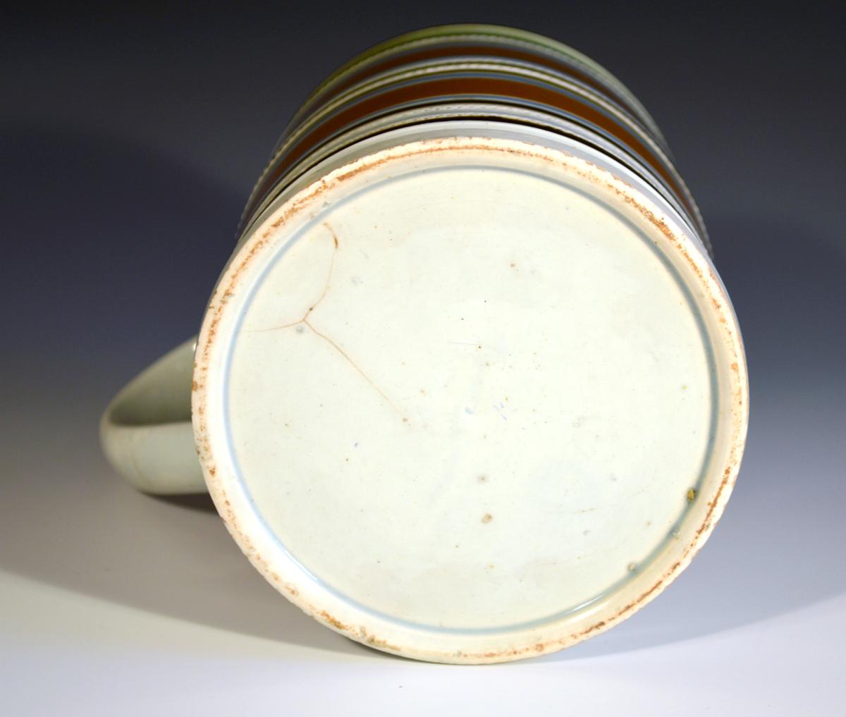 Mocha Pottery Tankard With Ochre & Green Colors, Circa 1800-20
