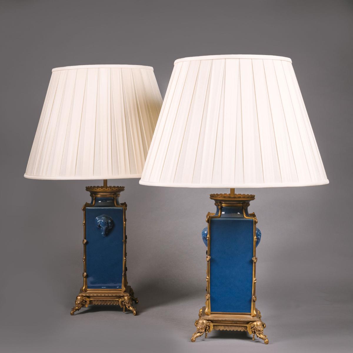 A Pair Of 'Japonisme' Gilt-Bronze-Mounted Powder-Blue Porcelain  Vases, Mounted As Lamps, by Ferdinand Barbedienne