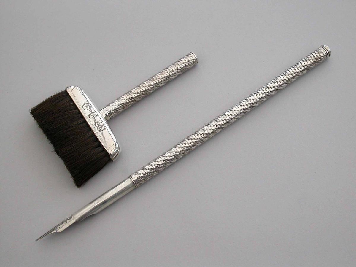 Victorian Novelty Silver Broom Dip Pen, Pencil & Pen Wipe