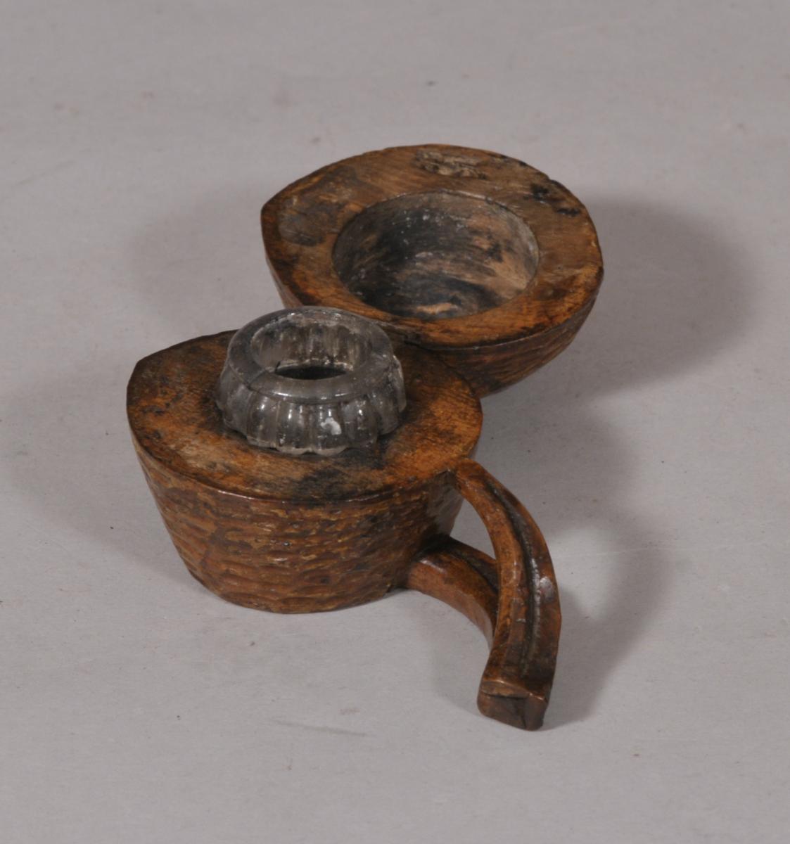 S/5399 Antique Treen Late Victorian Carved Wood Ink Well in the form of a nut