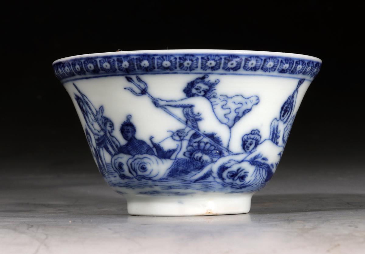 Chinese Export Porcelain European-subject Blue & White Tea Bowl and Saucer, Neptune, The God of The Sea, Dutch market, Yongzheng Period, Circa 1730-35