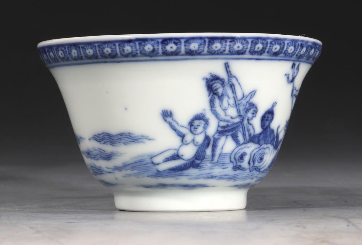 Chinese Export Porcelain European-subject Blue & White Tea Bowl and Saucer, Neptune, The God of The Sea, Dutch market, Yongzheng Period, Circa 1730-35