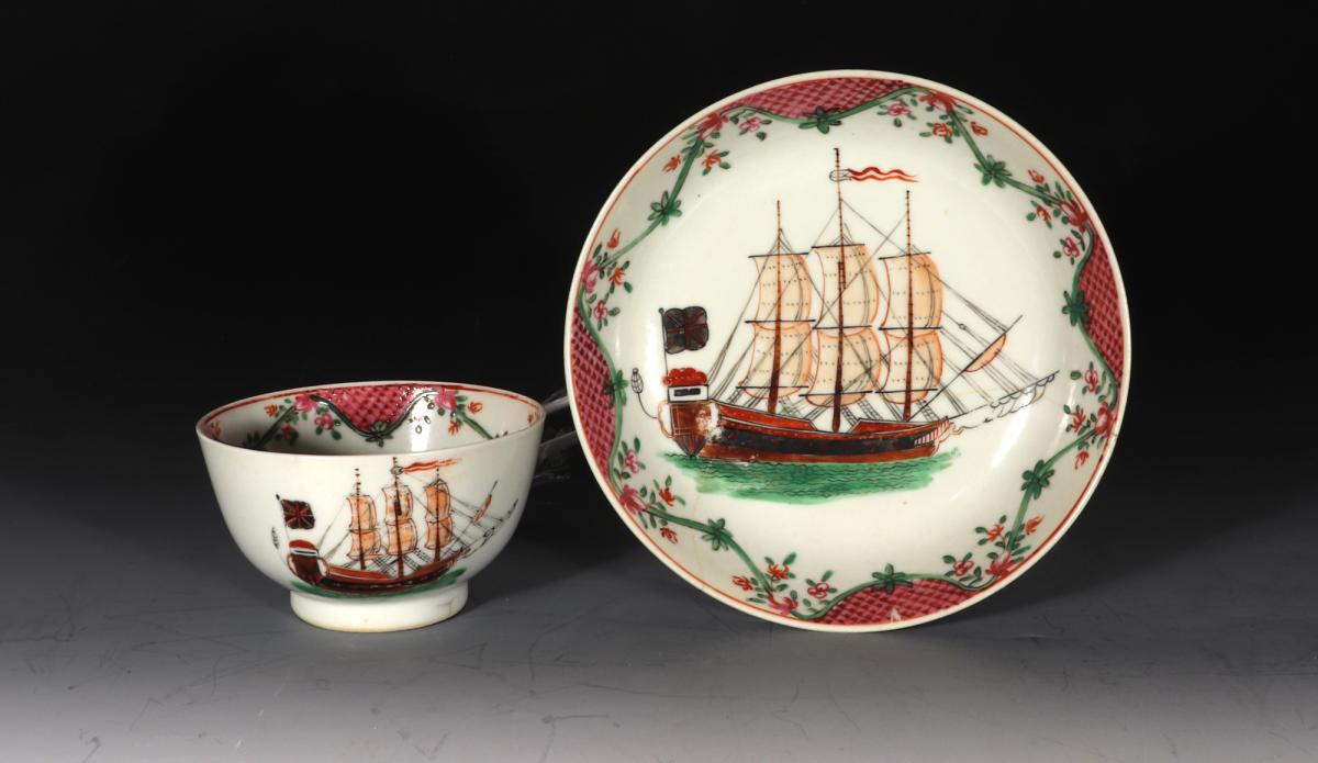 Chinese Export Porcelain Ship Decorated Tea Bowl & Saucer, Circa 1790