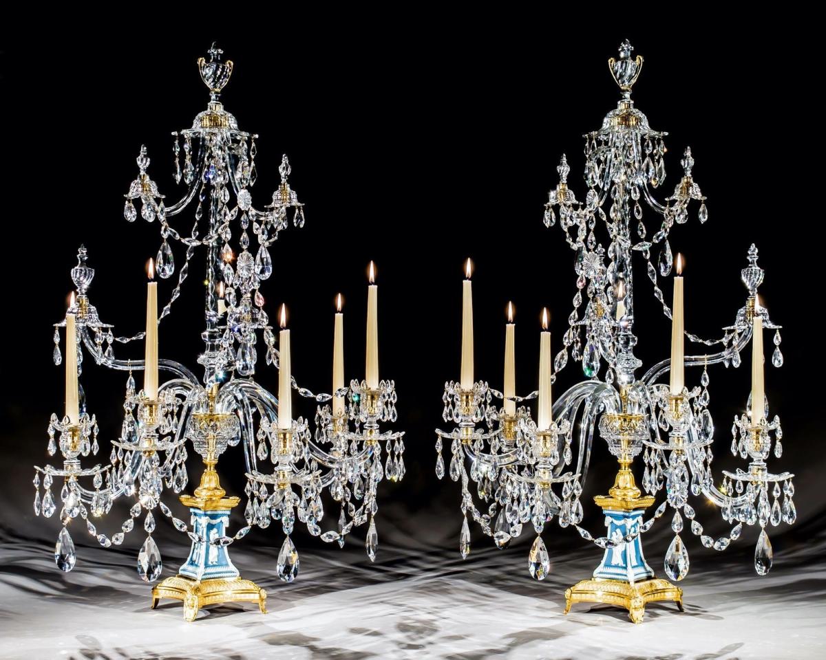 An Exceptional Pair of George III Wedgwood Jasper-Ware Five-Light Candelabra by William Parker