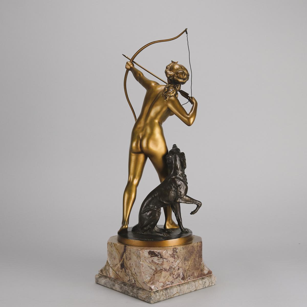 Cold-Painted Art Deco Bronze Sculpture entitled "Diana with Hounds" by Prof Poertzel