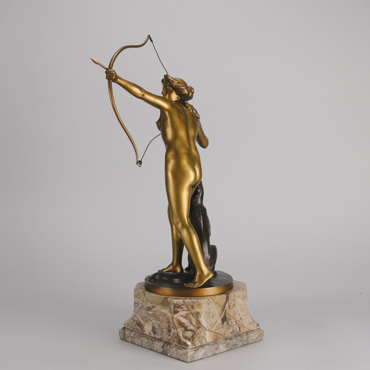 Cold-Painted Art Deco Bronze Sculpture entitled "Diana with Hounds" by Prof Poertzel