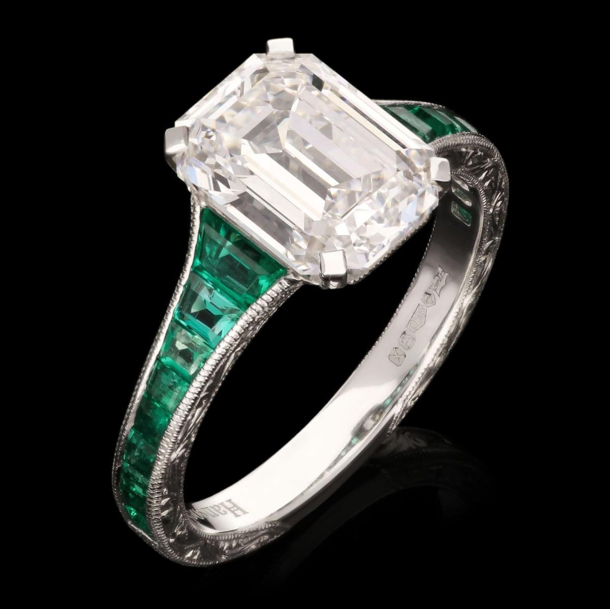 Hancocks 2.85ct Emerald-Cut Diamond Ring With Calibre Cut Emerald Band In Platinum