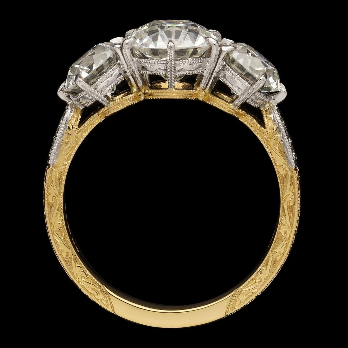 Hancocks 3.04ct Three Stone Old European Cut Diamond And Gold Ring Contemporary