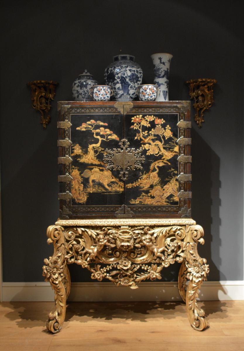 Charles II black japanned cabinet on stand