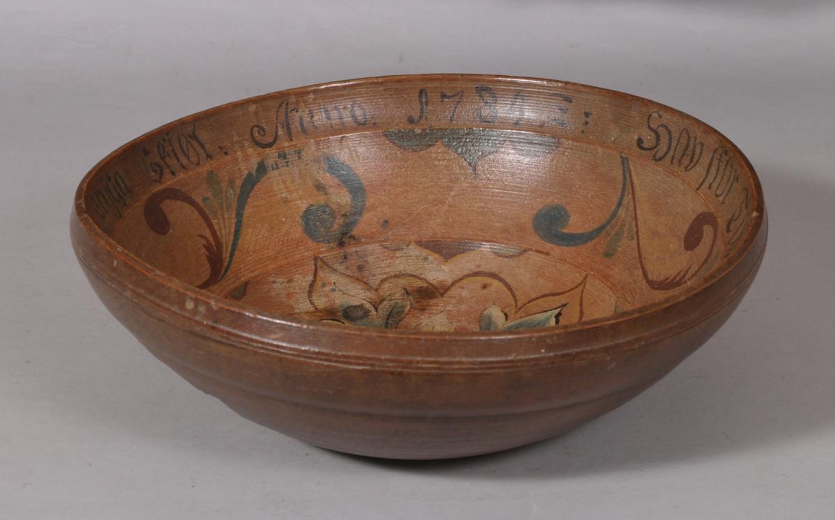 S/5416 Antique Treen Swedish Late 18th Century Dated Decorated Marriage Bowl