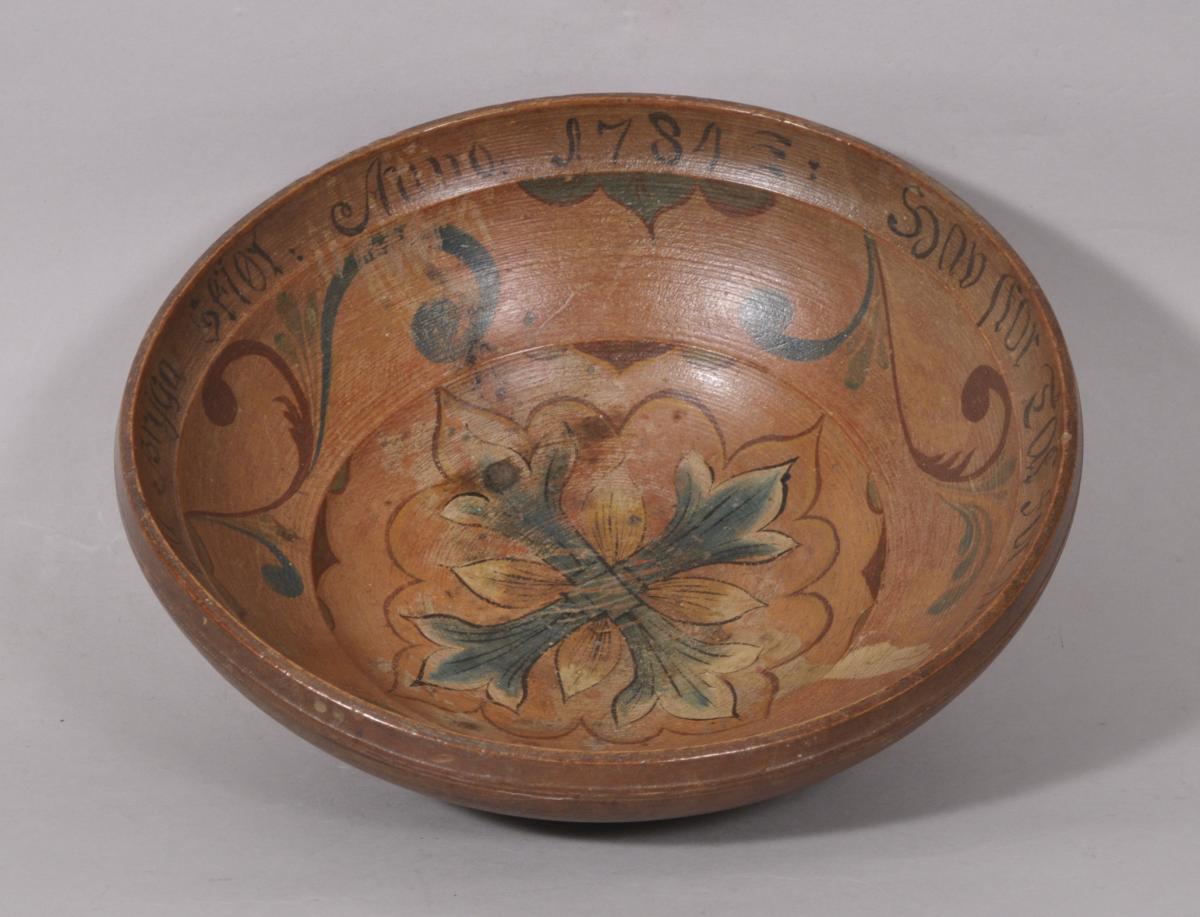 S/5416 Antique Treen Swedish Late 18th Century Dated Decorated Marriage Bowl