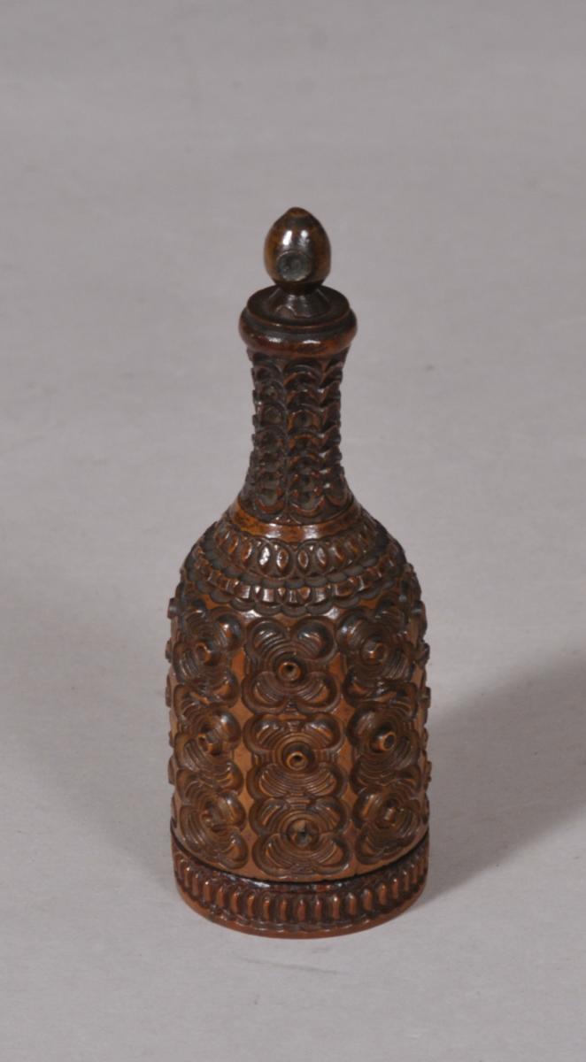 S/5417 Antique Treen 19th Century Coquilla Nut Combination Stanhope Snuff Bottle