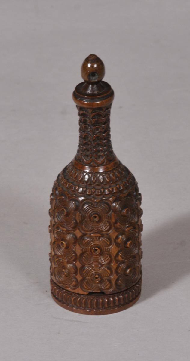 S/5417 Antique Treen 19th Century Coquilla Nut Combination Stanhope Snuff Bottle