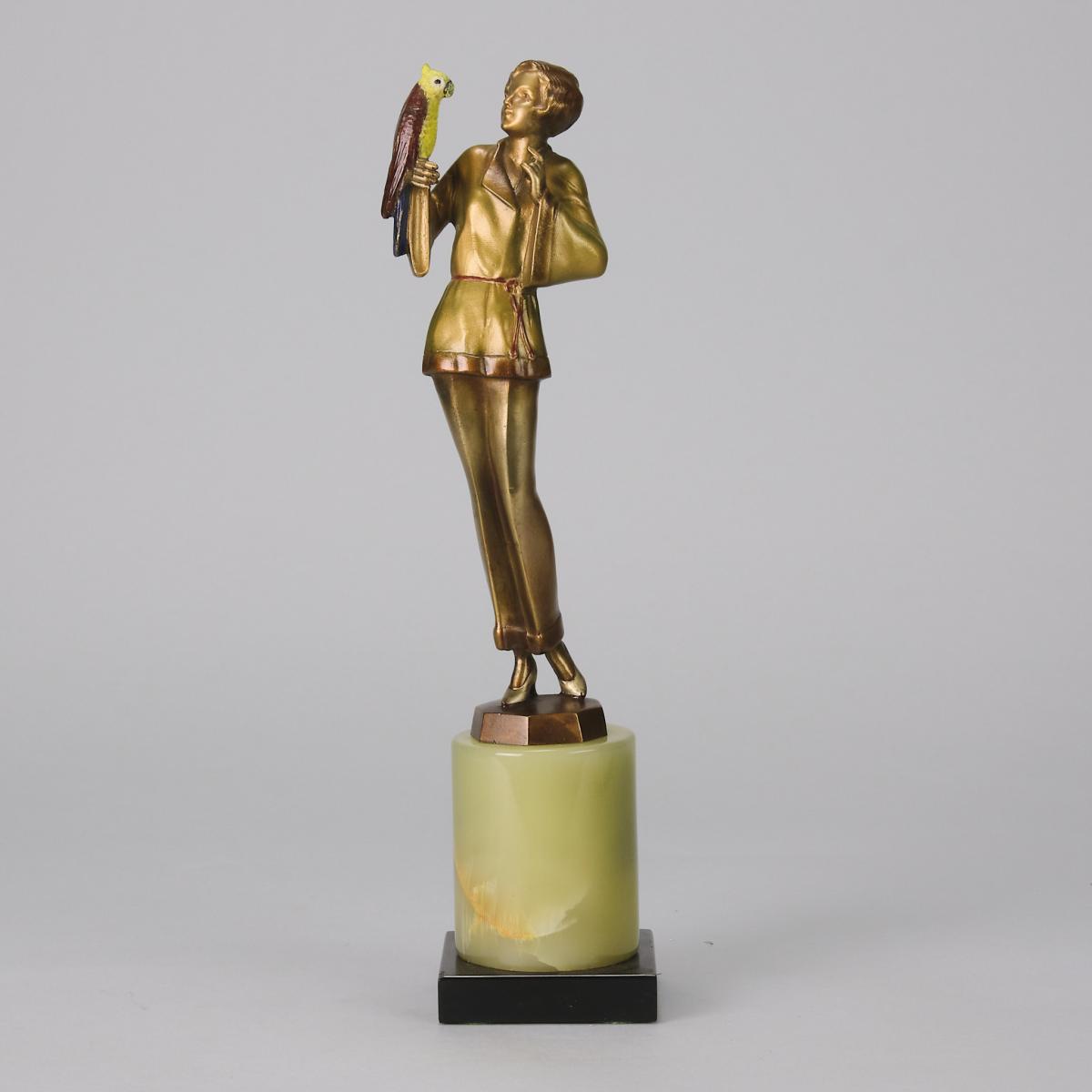 Cold-Painted Bronze Sculpture entitled "Girl with Parrot" by Josef Lorenzl