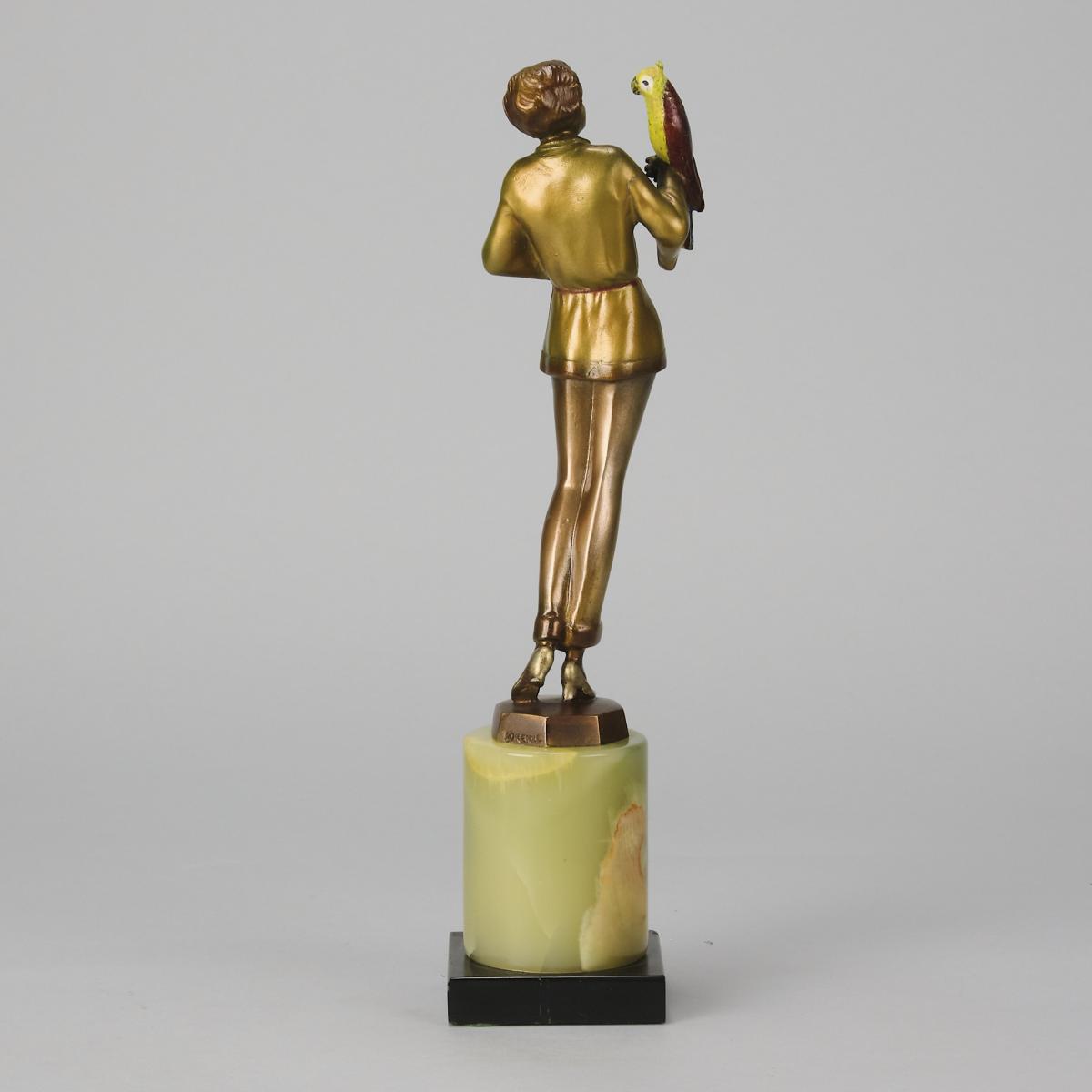 Cold-Painted Bronze Sculpture entitled "Girl with Parrot" by Josef Lorenzl