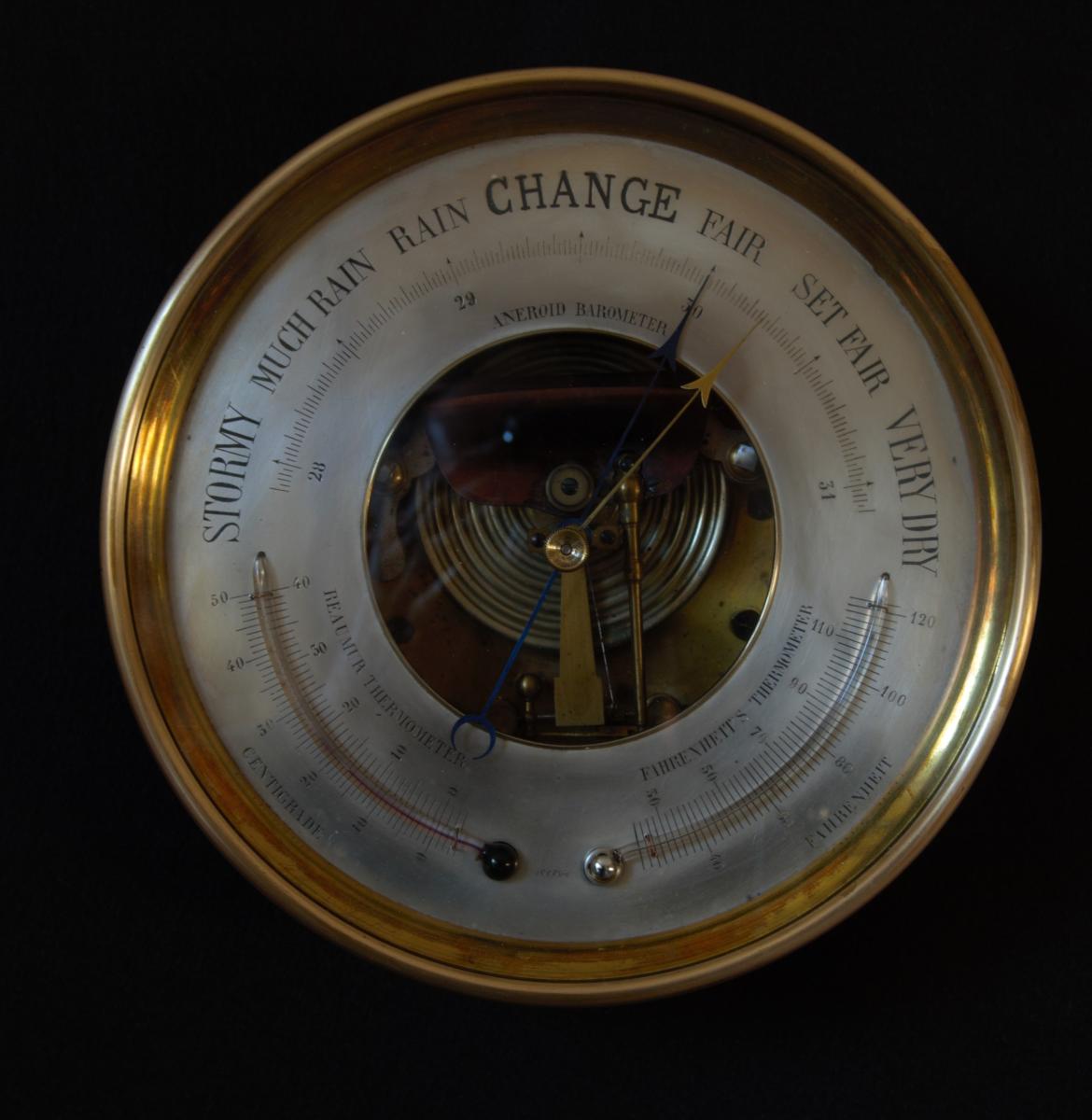 Rare 8inch diameter Brass-cased Aneroid Barometer. Circa 1870
