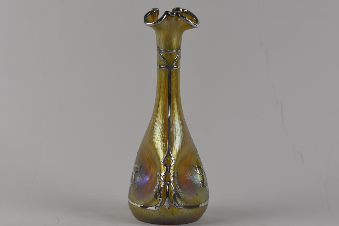 Art Nouveau Loetz silver overlay papillon glass vase