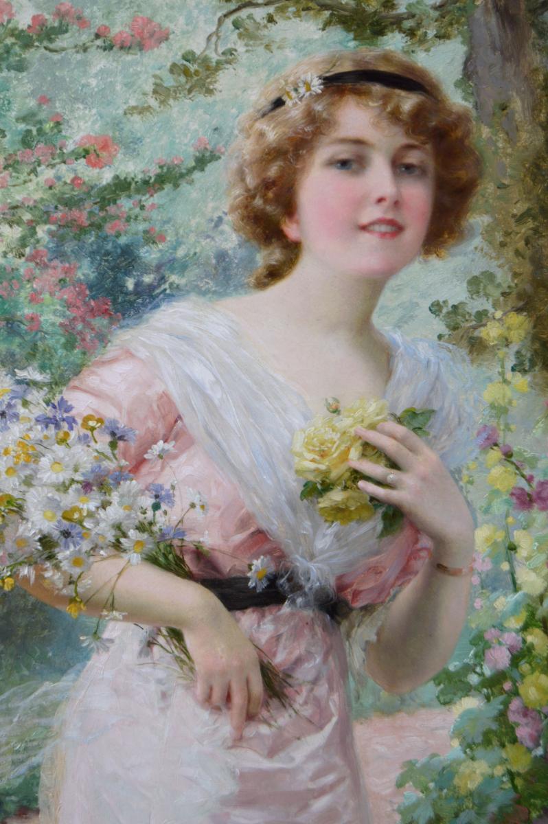 Genre oil painting of a woman with flowers by Émile Vernon | BADA