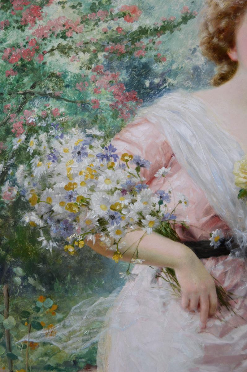 Genre oil painting of a woman with flowers by Émile Vernon | BADA