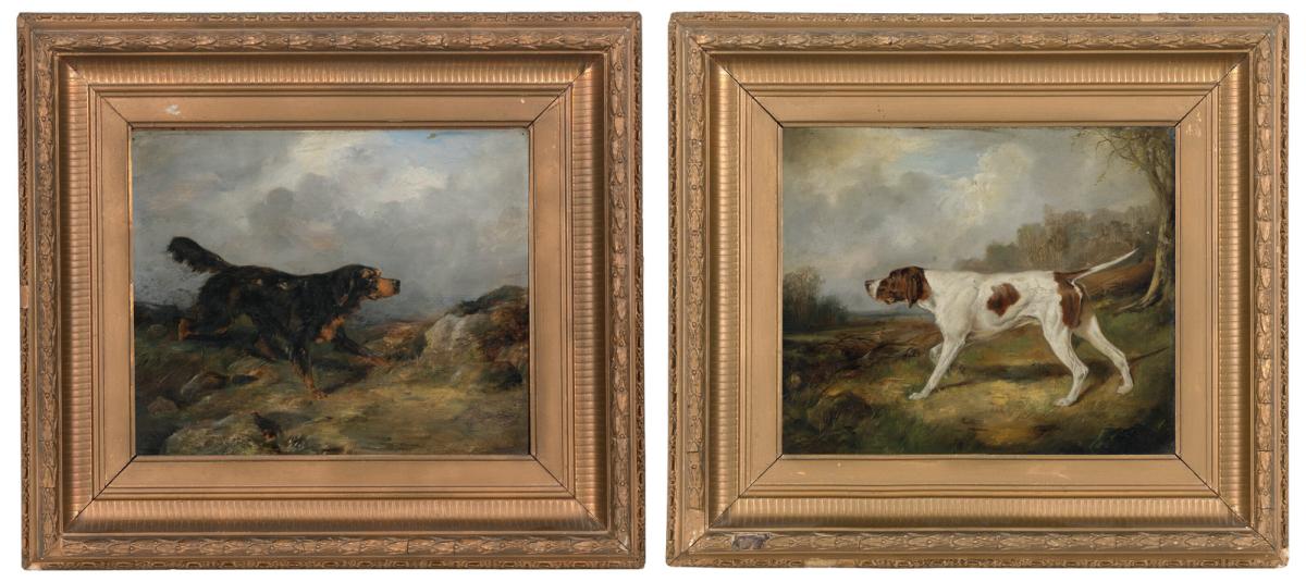 A pair of paintings of a setter and a pointer in a landscape by George Wright