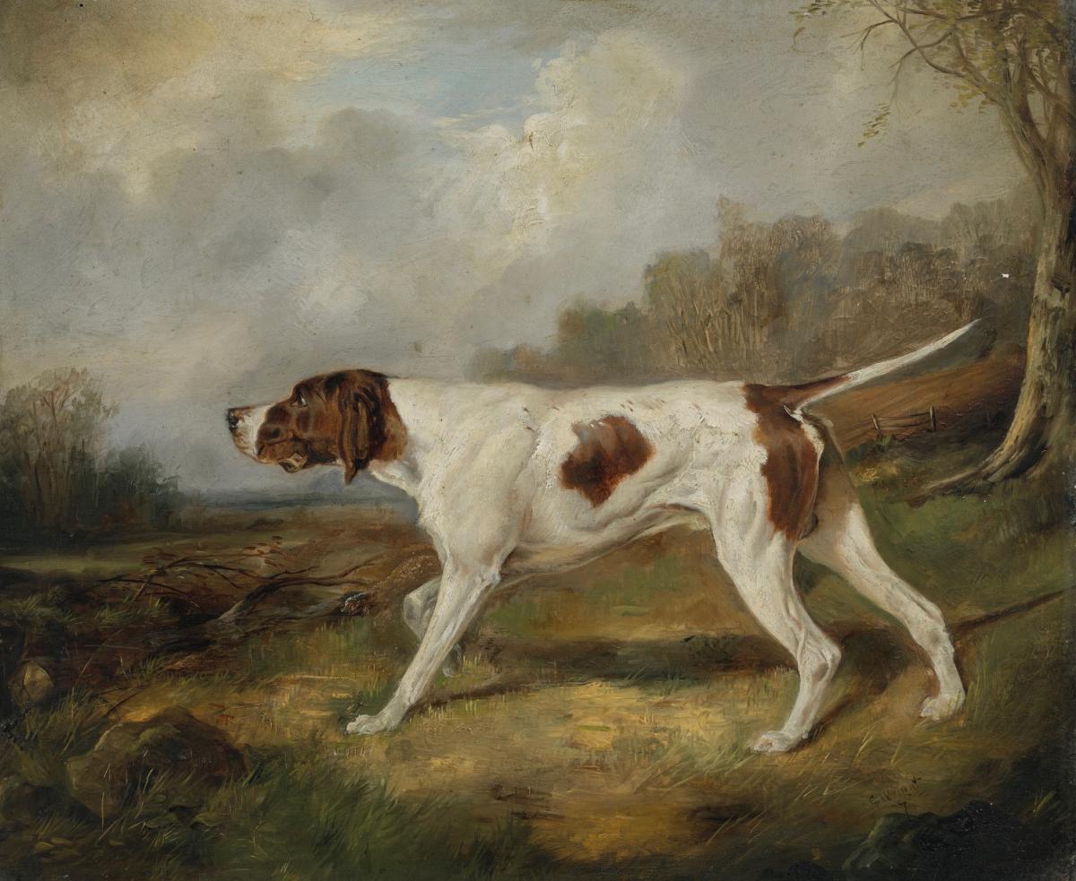 A painting of a pointer in a landscape by George Wright