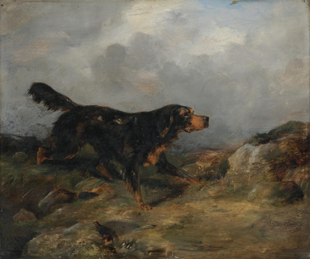 A  painting of a setter in a landscape by George Wright