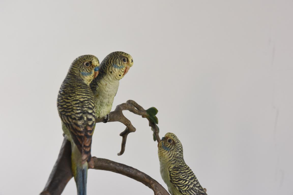 Austrian cold painted bronze group of 3 green Budgerigars perched on branches