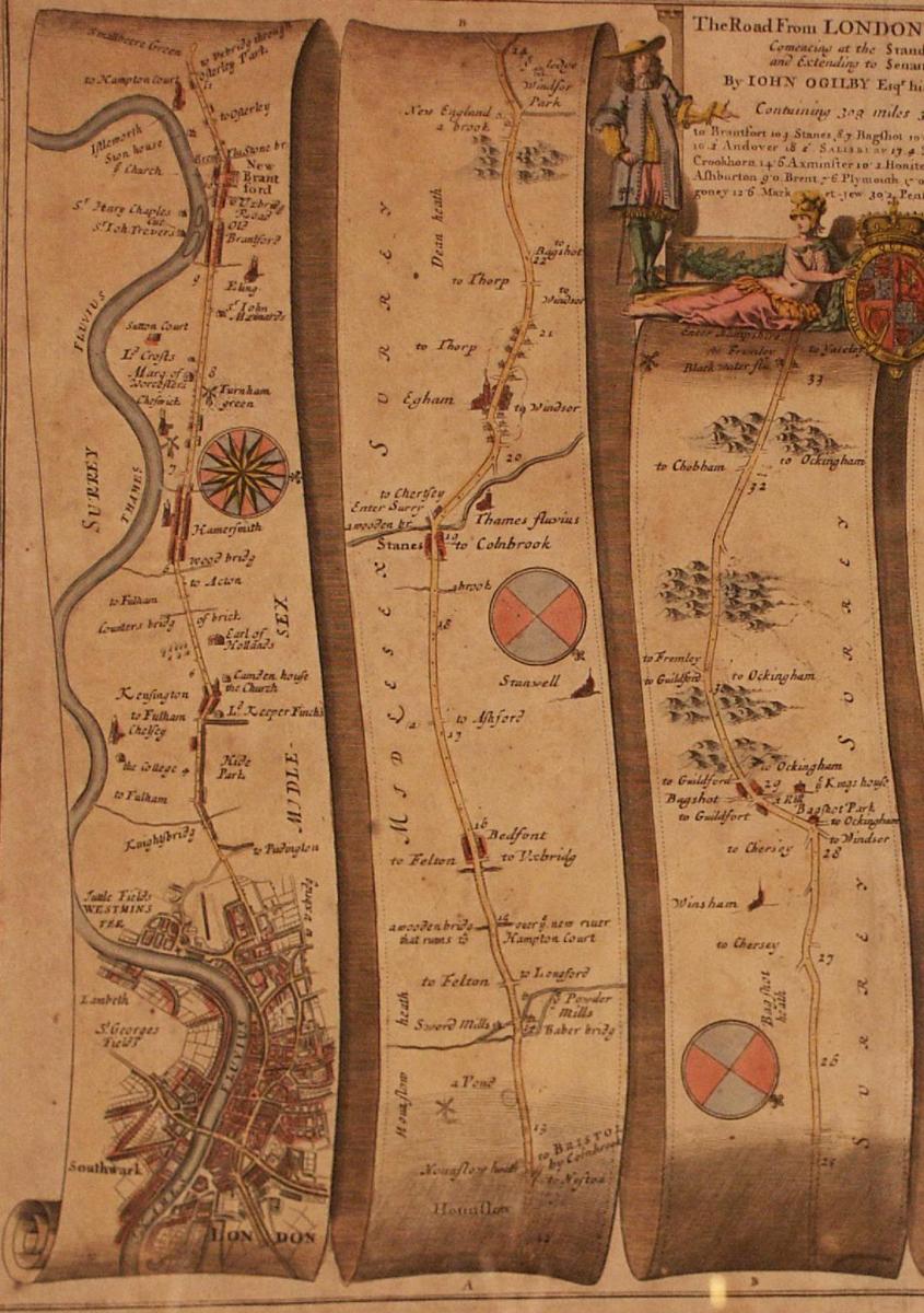 John Ogilby Road map from Britannia No 25 London to Lands End, 1675