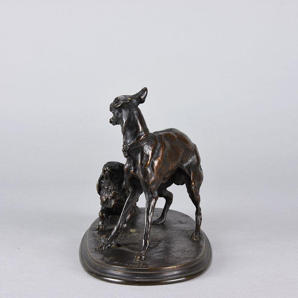 19th Century Animalier French Bronze Study entitled "Greyhound and King Charles Spaniel" by P J Mêne