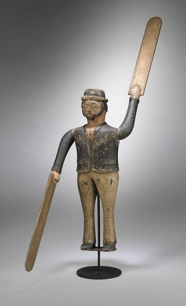 Sculptural Primitive Folk Art Sailor Whirligig  Depicted in Uniform with Naively Carved Facial Details Weathered Hand Carved and Painted Wood English, c.1860