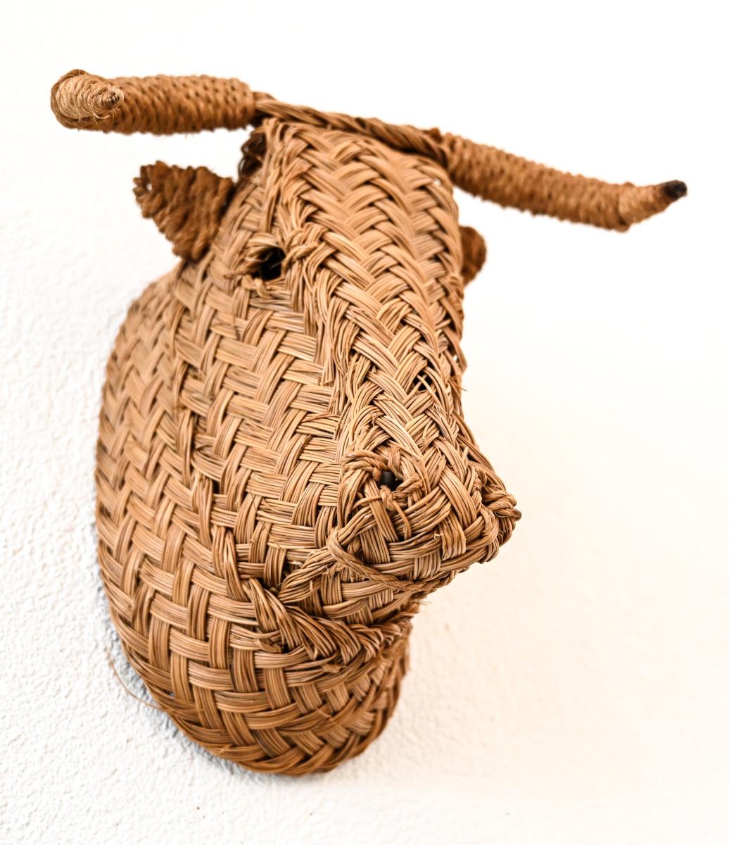Rattan wall sculpture of a Bulls head