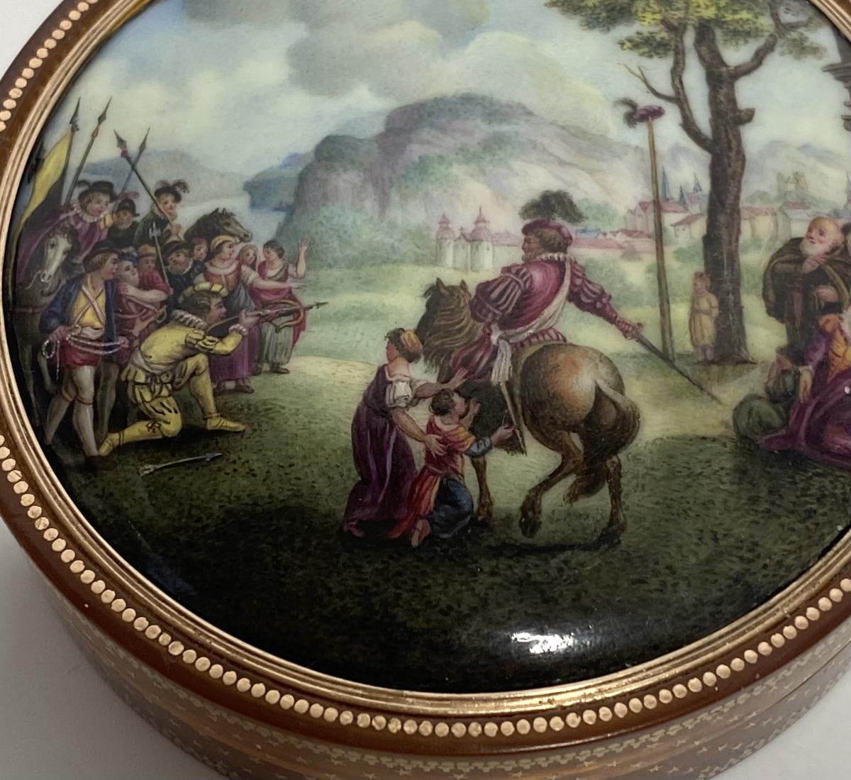 French gold pique enamel and horn box, William Tell, circa 1790
