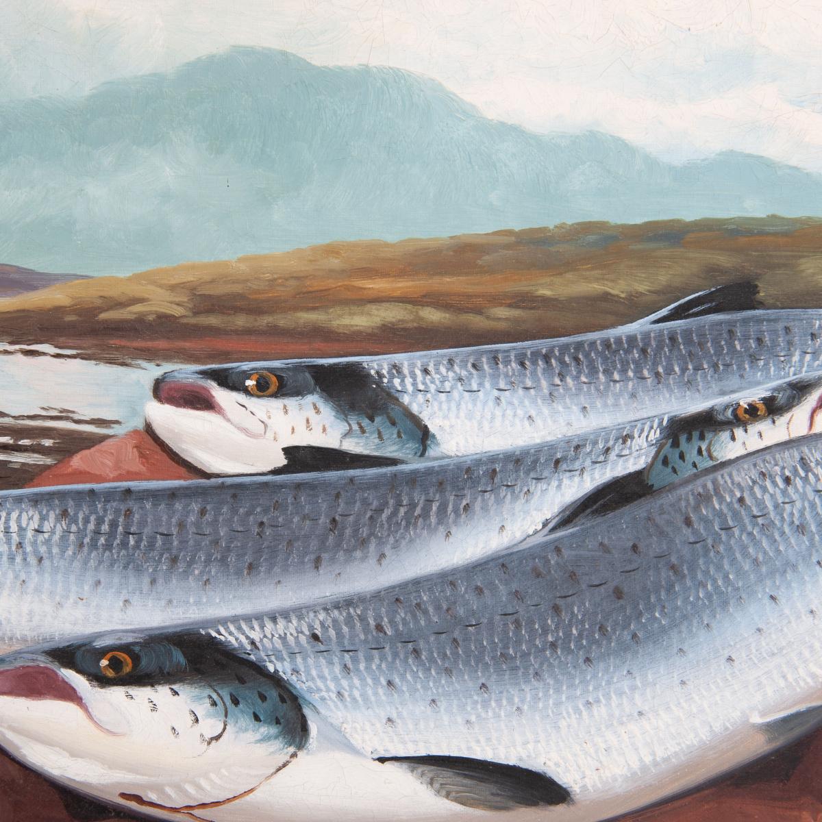 Salmon on a river bank, John Bucknell Russell