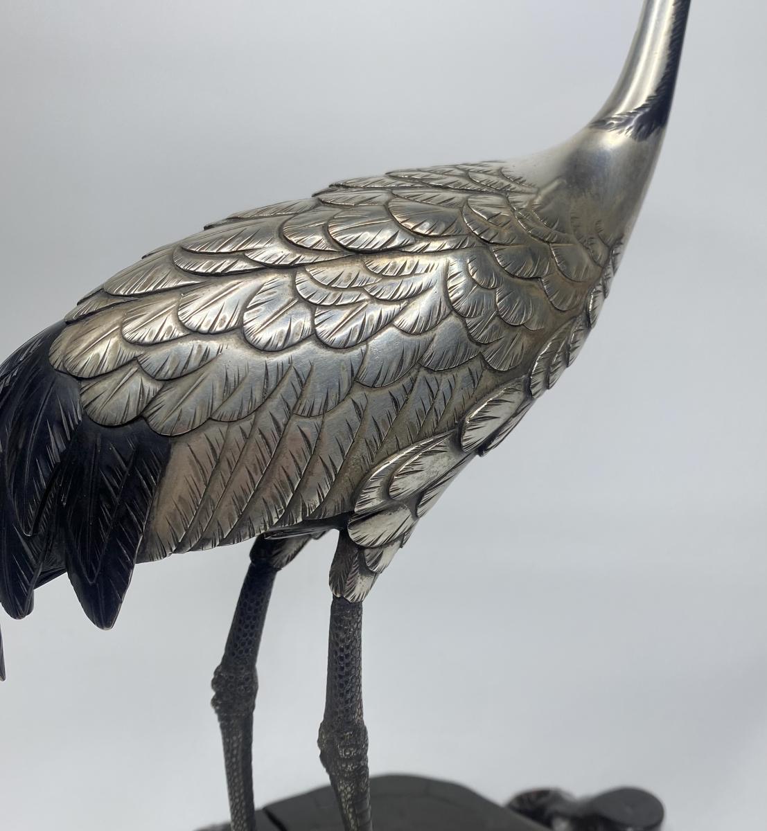 Japanese silvered bronze Manchurian Crane, Hidenao, Meiji Period