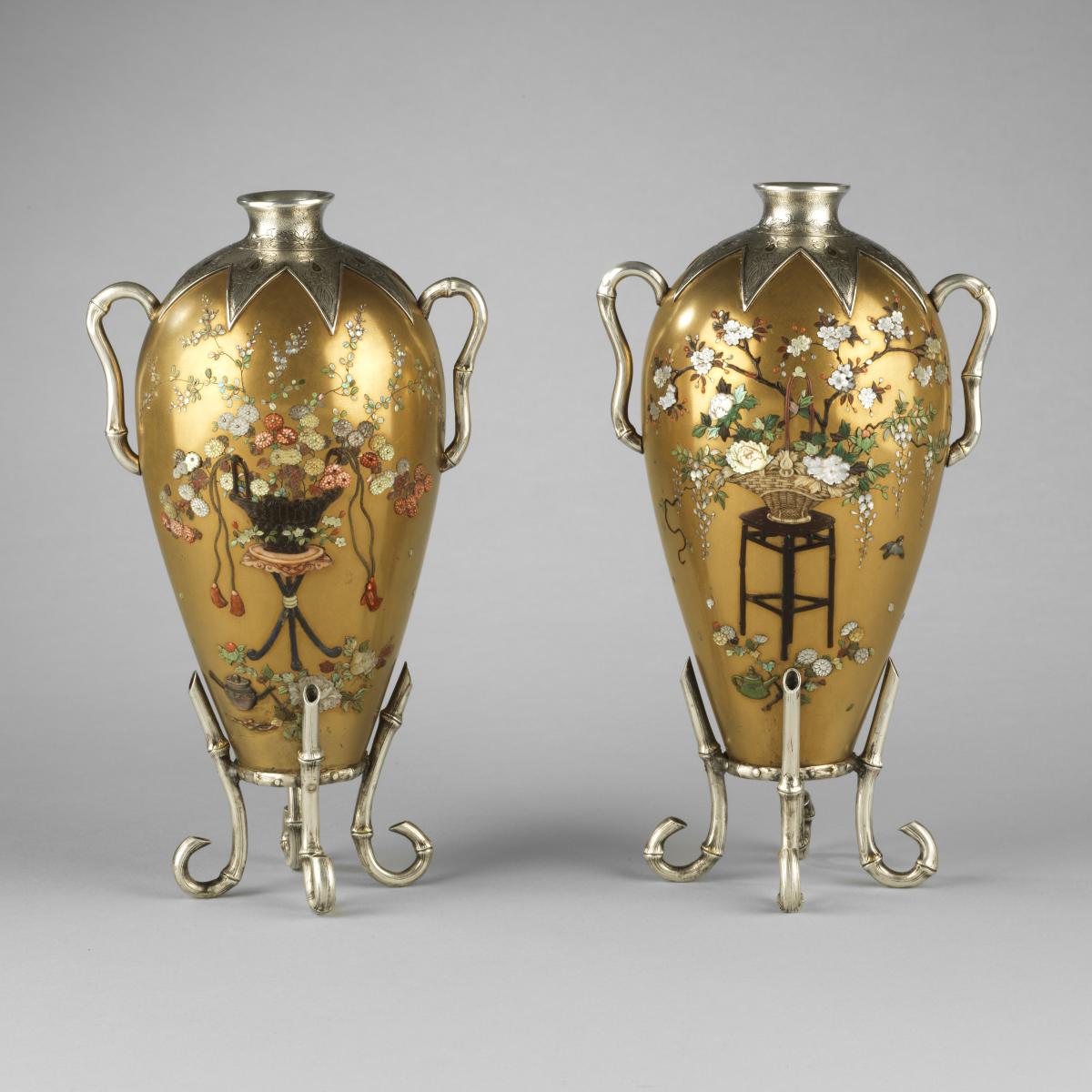 Japanese shibayama inlaid pair of gold lacquer vases, late Meiji Period