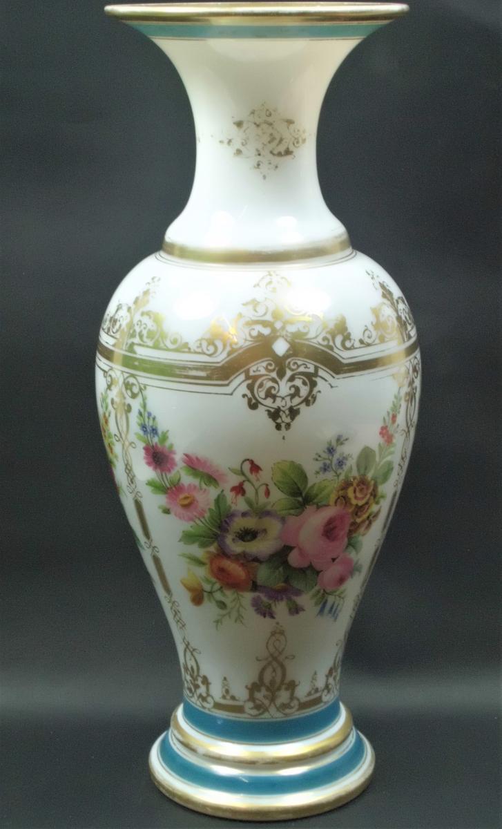A tall white opaline glass vase painted by Jean-Francois Robert, Baccarat, France circa 1850.