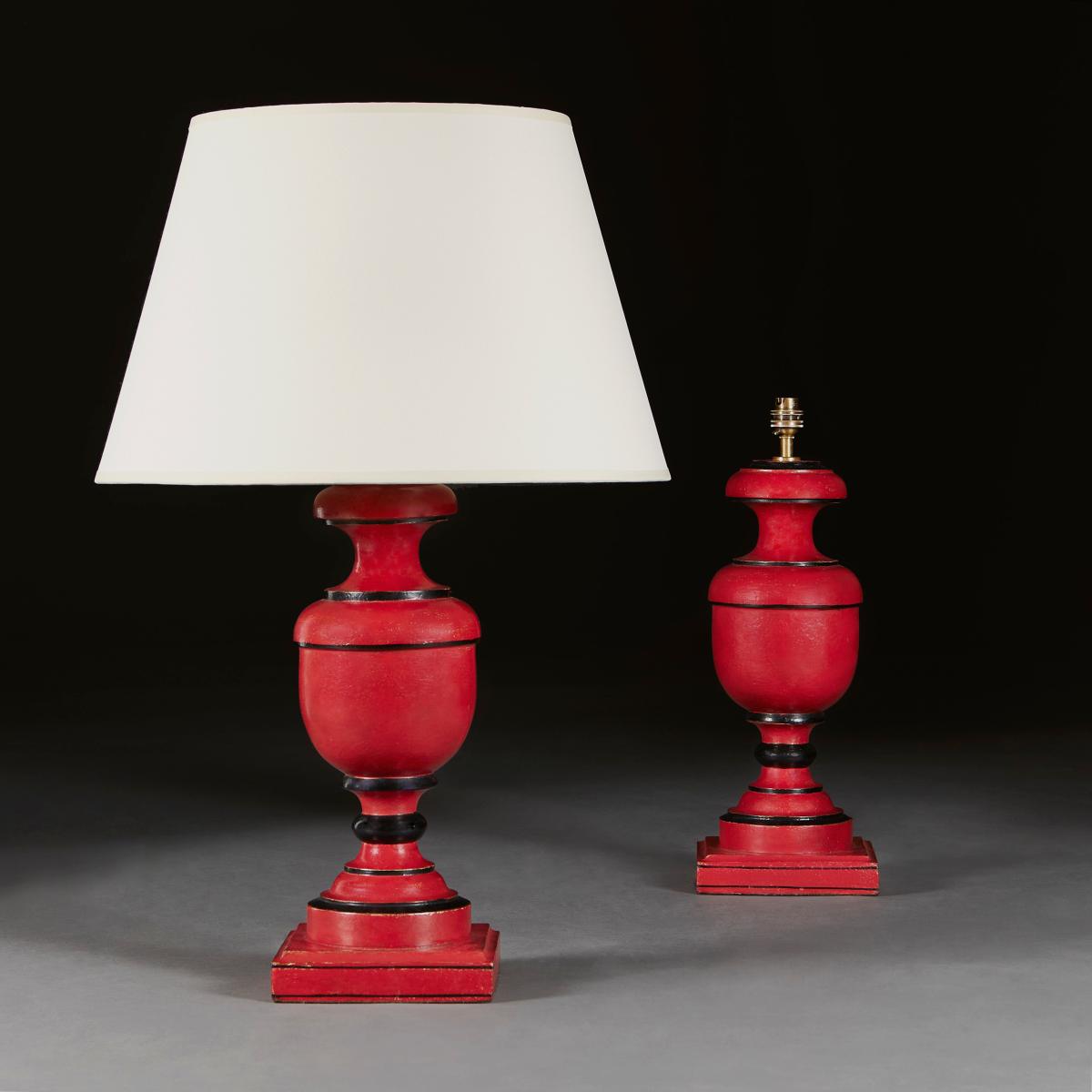 A Pair of Anglo Indian Red Painted Lamps