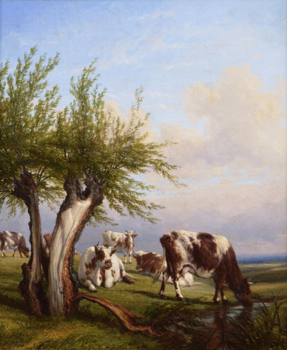 Landscape oil painting of cattle by Thomas Baker of Leamington
