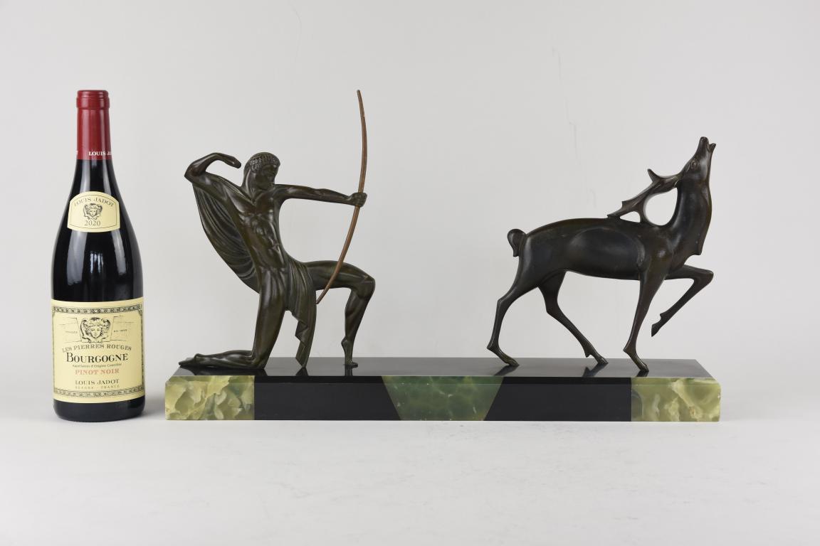 French Art Deco bronze figure of a Hunter and Stag Michel Decoux